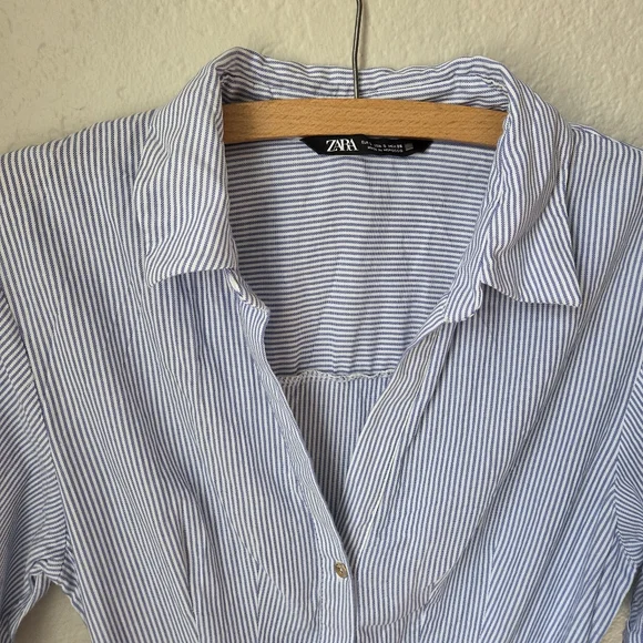 Zara Womens Blue White Striped Sz Small Buttom Collar Belted Shirt Dress - Picture 4 of 16